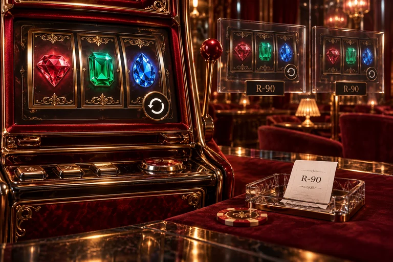 One R-90 receipt accompanies an original slot scene and two replay views of the same gem symbols.