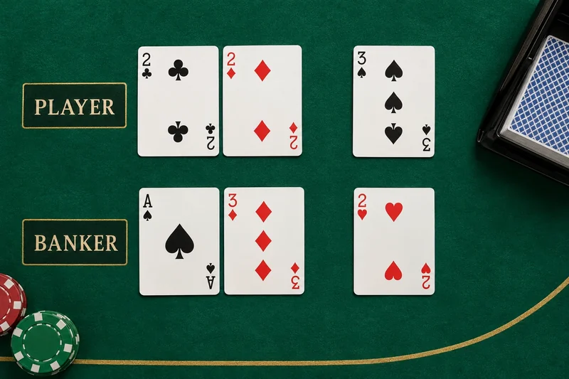 Player two, two and three against Banker Ace, three and two on baccarat felt.