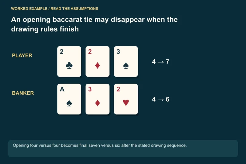 Opening cards: Player 2+2 = 4; Banker A+3 = 4; Third cards under stated rules: Player draws 3; Banker draws 2; Completed result: Player 7 versus Banker 6: not a final Tie