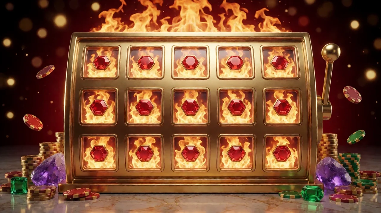 A gold slot cabinet with fifteen windows in three rows, each holding a red hexagonal gem in front of orange flames, with fire rising above the cabinet, purple amethysts, green emeralds and red, green and gold casino chips on a marble floor