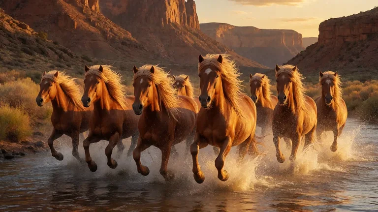A herd of golden-maned chestnut mustangs galloping through a shallow river in a red-rock canyon at sunset, splashing water