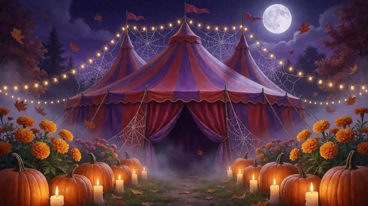 A purple and red striped circus tent at night under a full moon with fairground bulbs, spider webs, glowing pumpkins, marigolds and candles