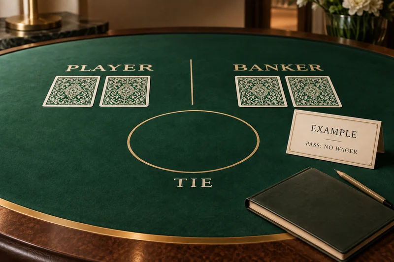 Illustrative baccarat table with an empty betting area and an Example Pass: No Wager placard.